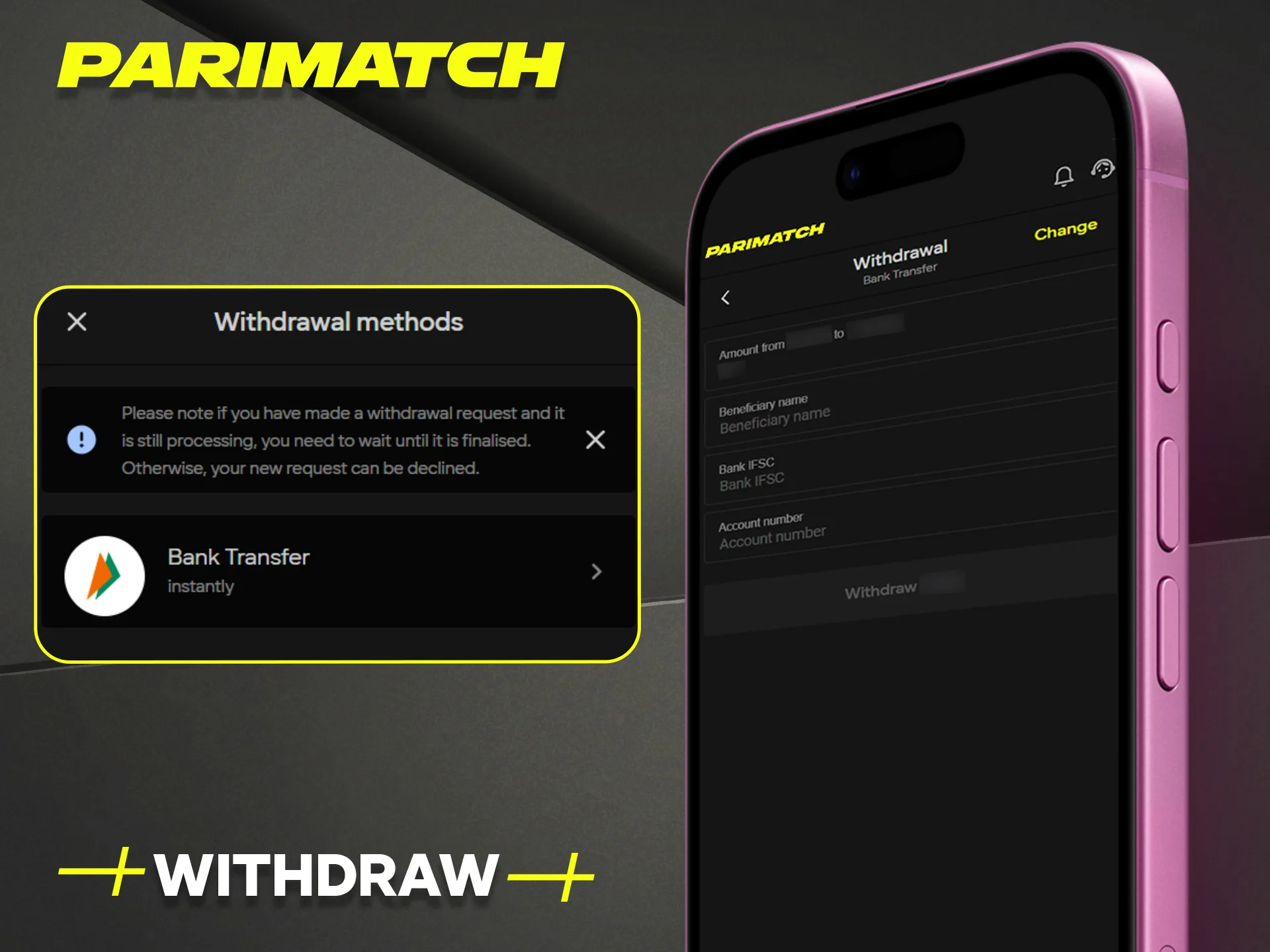 Instructions on how to securely withdraw winnings using the official Parimatch mobile app.