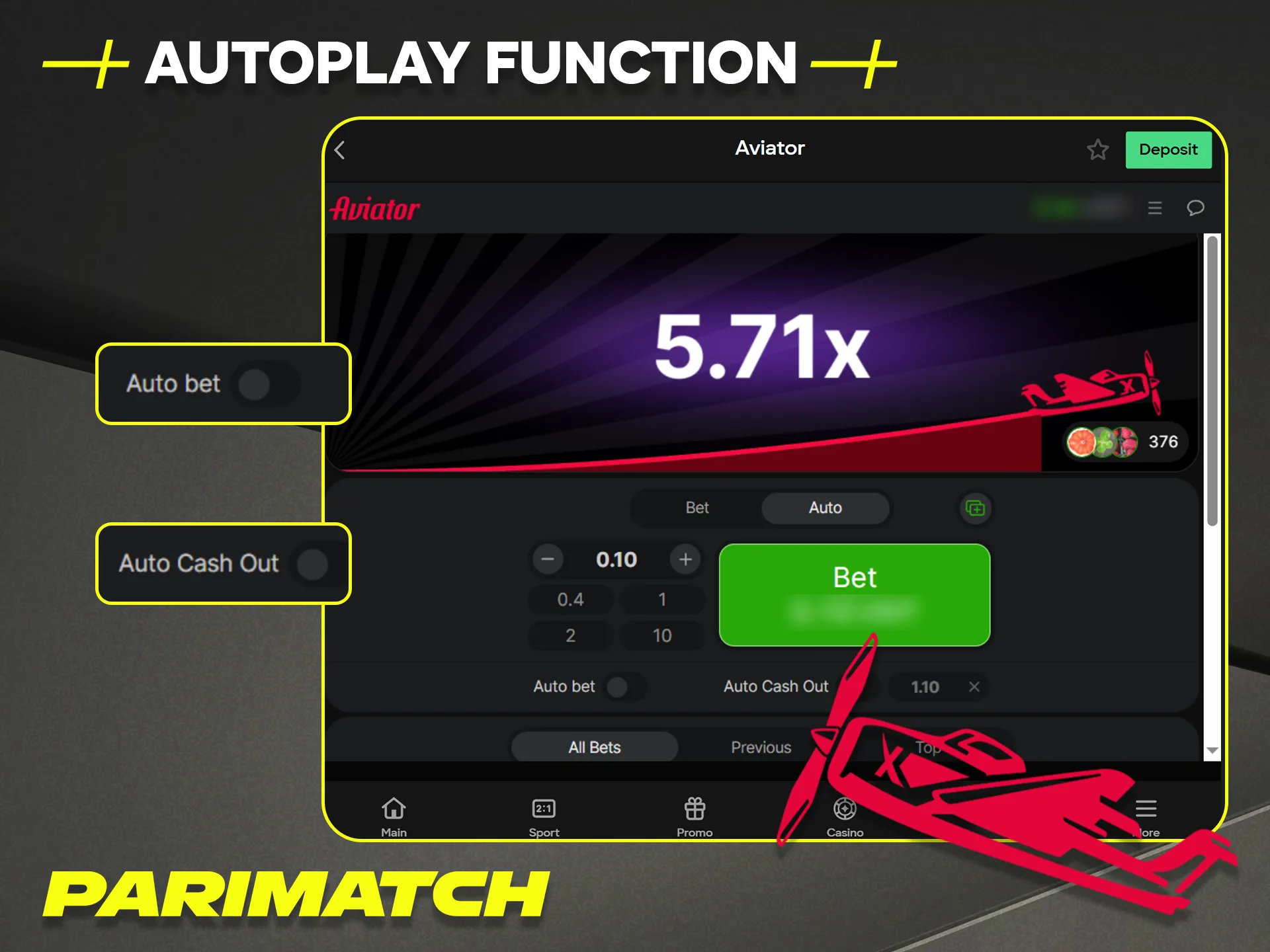 Set up the convenient Autoplay Function for automated betting on Aviator at Parimatch.