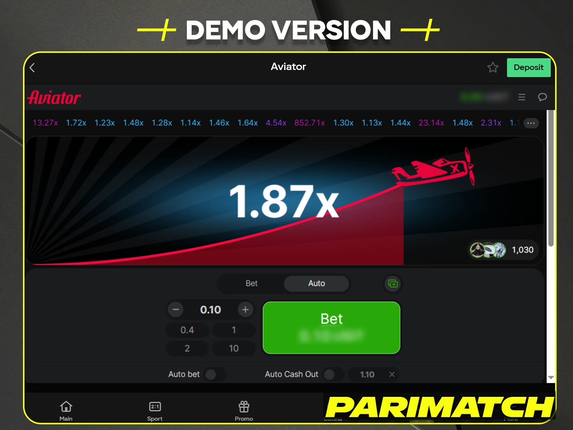 Try the exciting Aviator game demo version for free at Parimatch Casino.