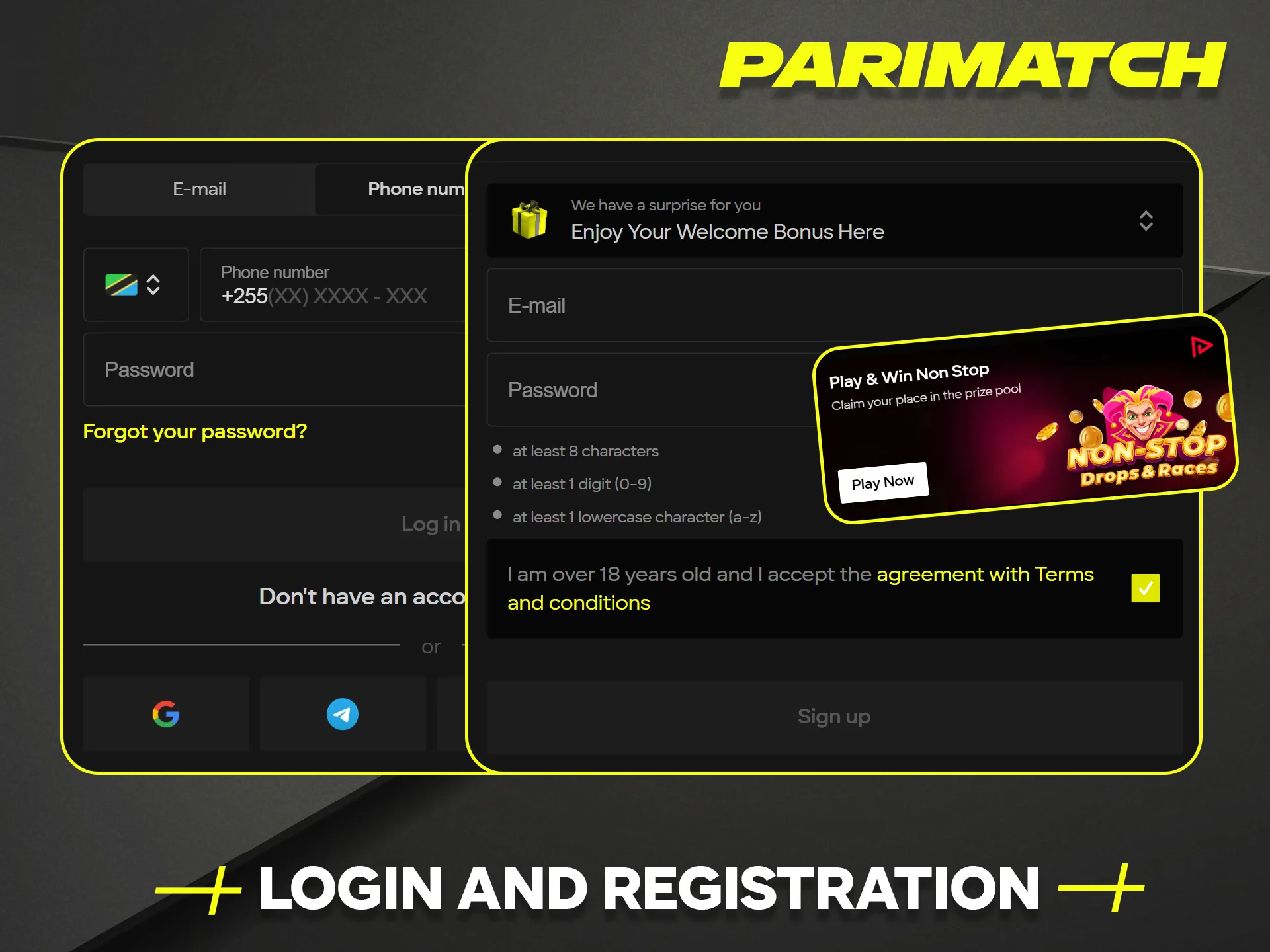 Easily log in or register to access the Parimatch Casino platform in Tanzania.