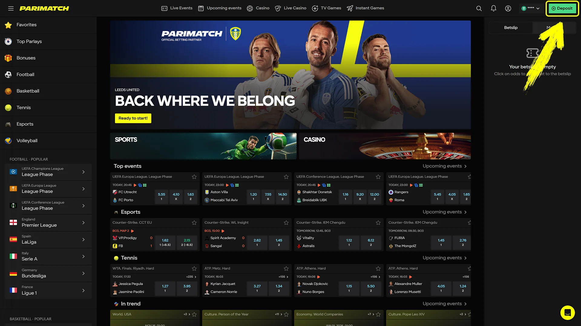 Open the secure Deposit Menu to begin funding your Parimatch account easily.