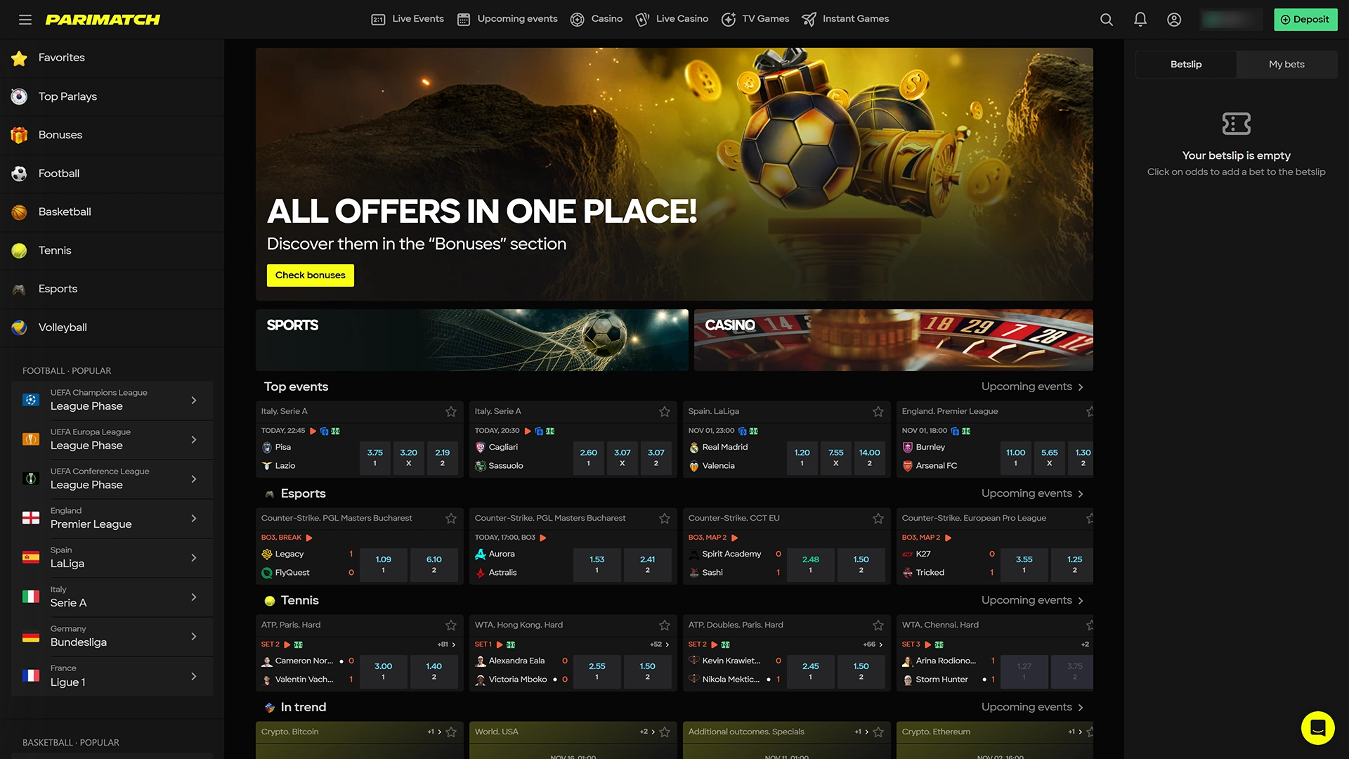 View the homepage with the latest events and top odds from Parimatch.