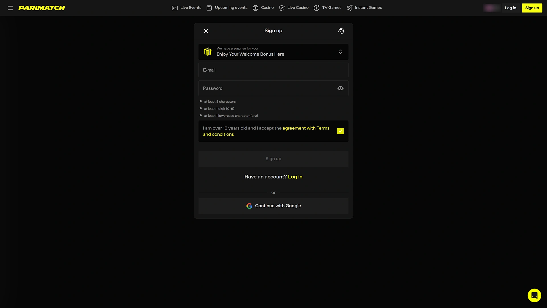 Start your quick and secure account registration on the official Parimatch platform.