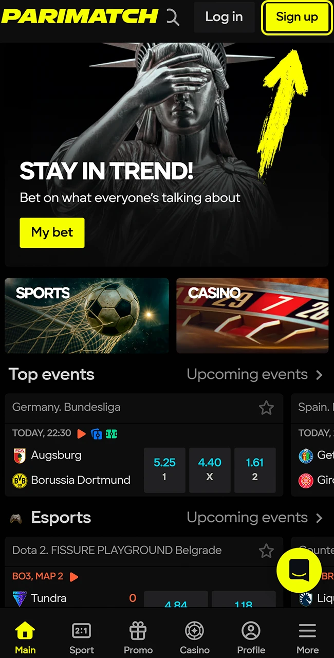 Launch the official Parimatch mobile app on your device to begin.