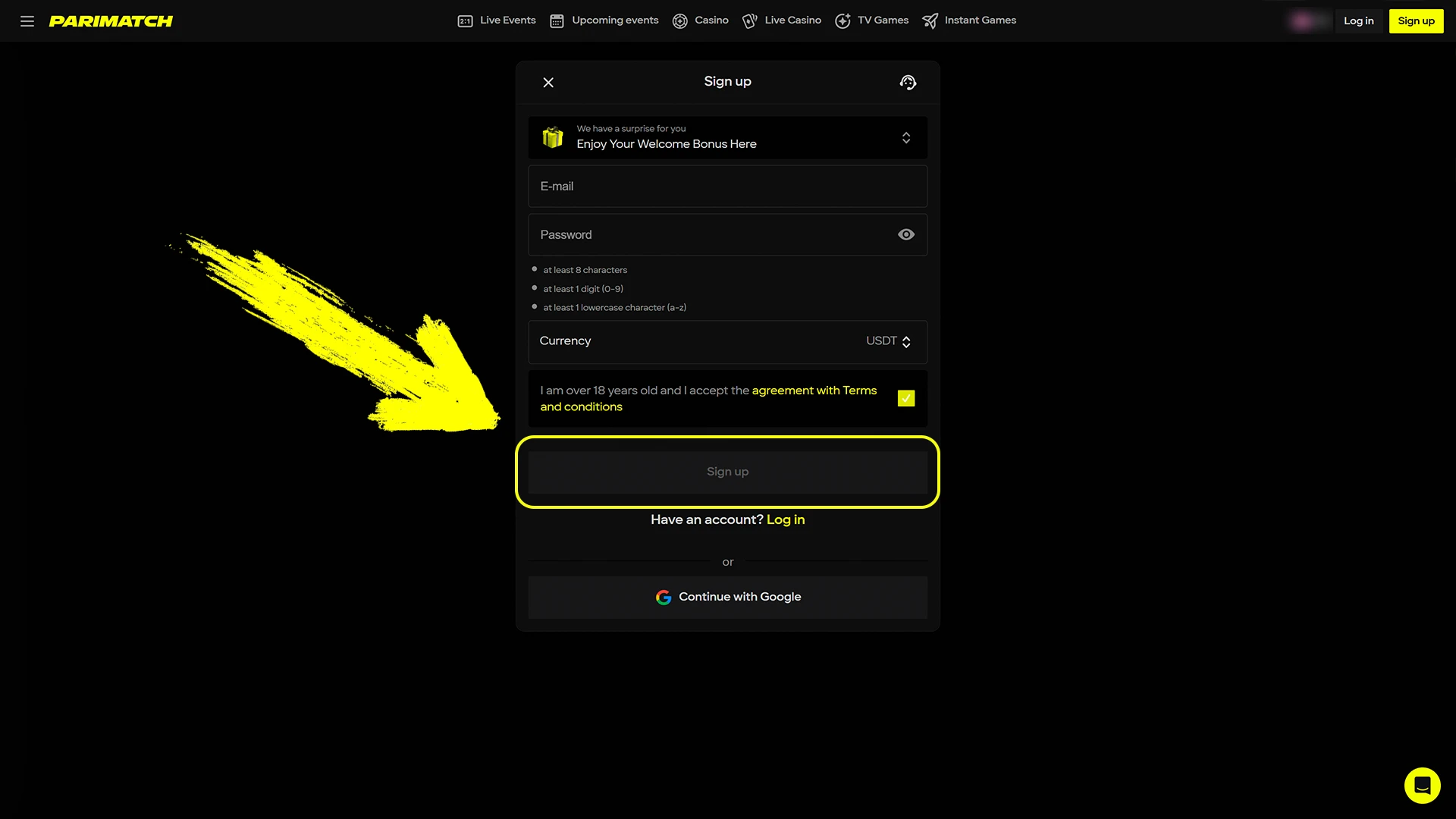 Confirm and successfully complete your new account registration on the official Parimatch platform.