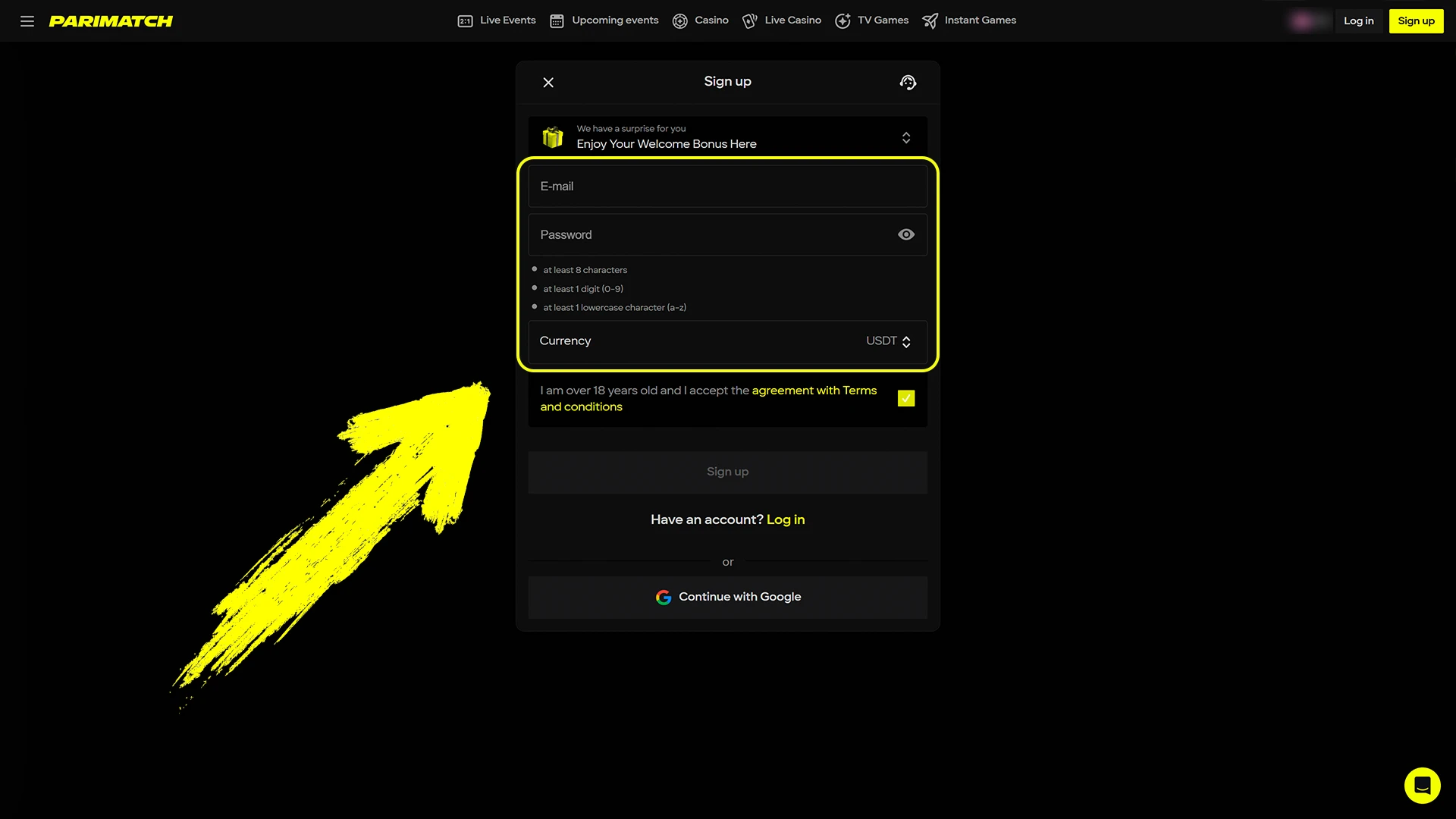 Fill in all your personal details accurately to create your Parimatch account.