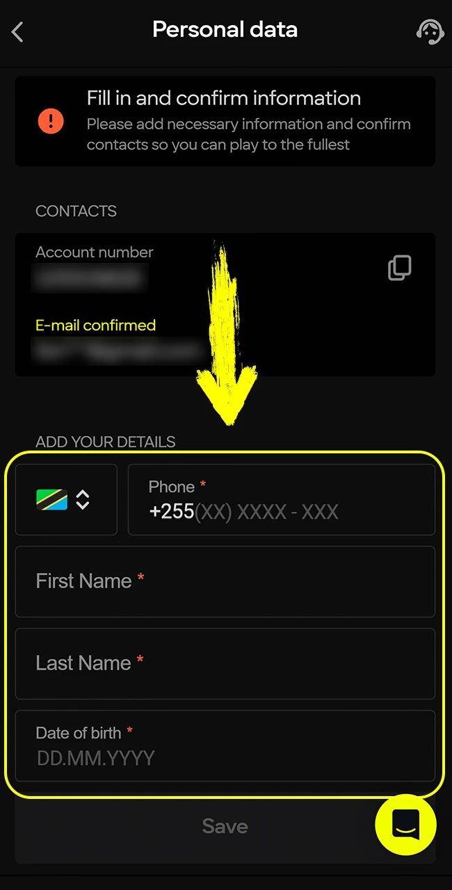 Confirm your initial account information before starting Parimatch verification.