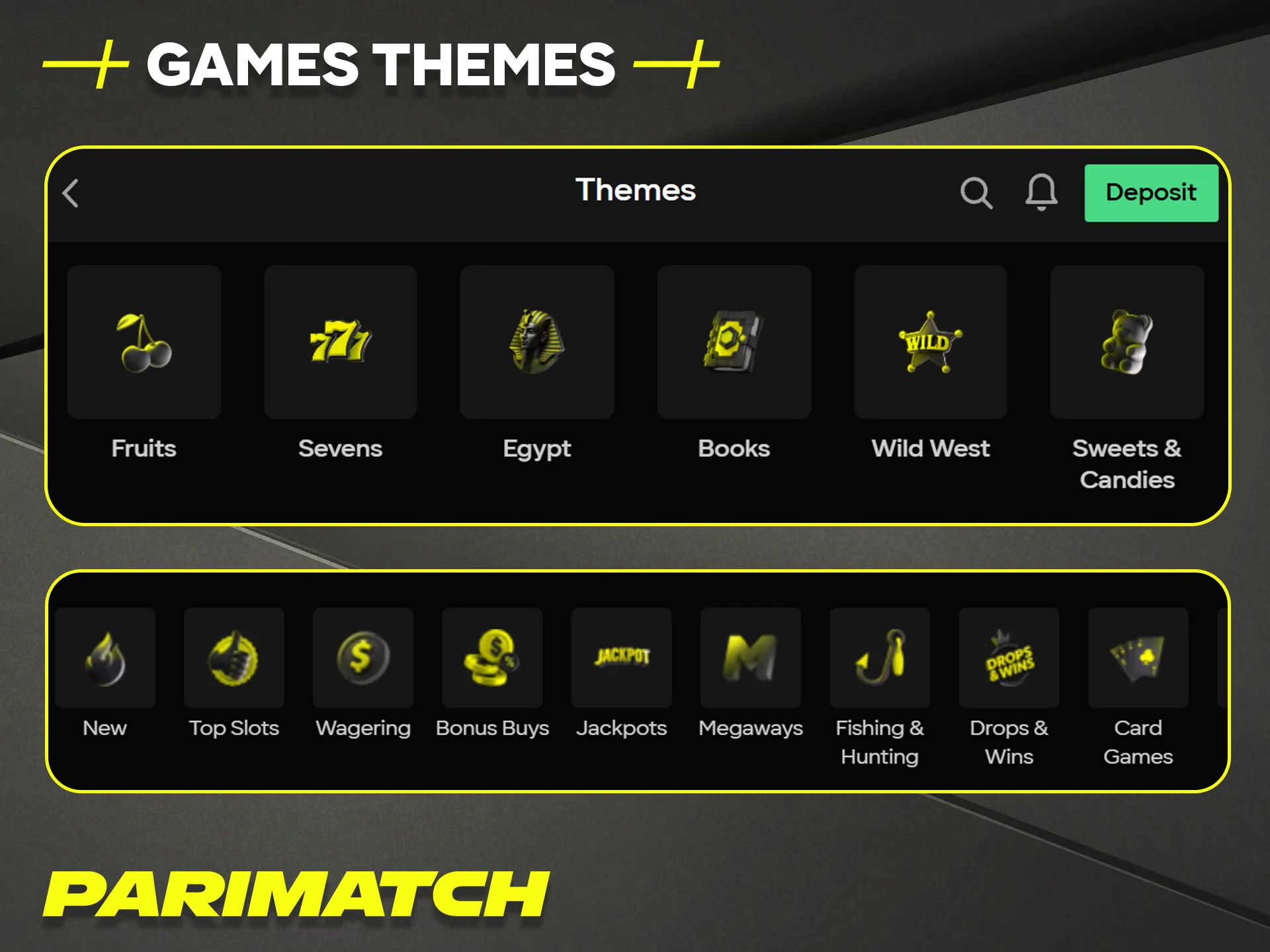 Explore the different exciting slots and games themes offered by Parimatch Casino.