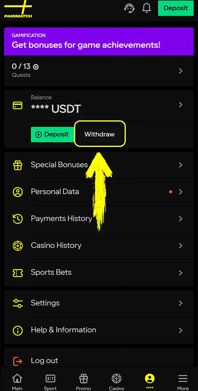 Navigate to the secure Withdrawal Menu within the official Parimatch application.