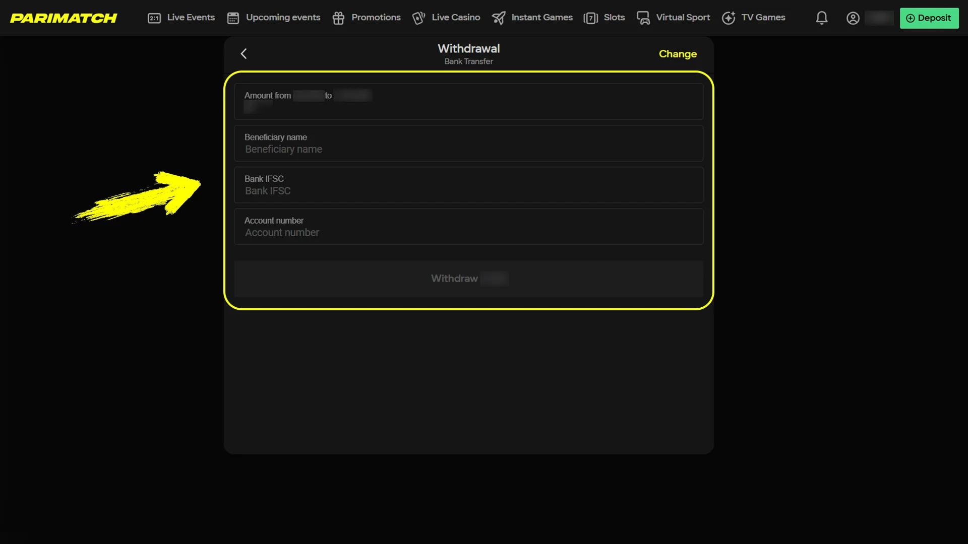 Enter Withdrawal Details accurately and securely to process your Parimatch cash-out.