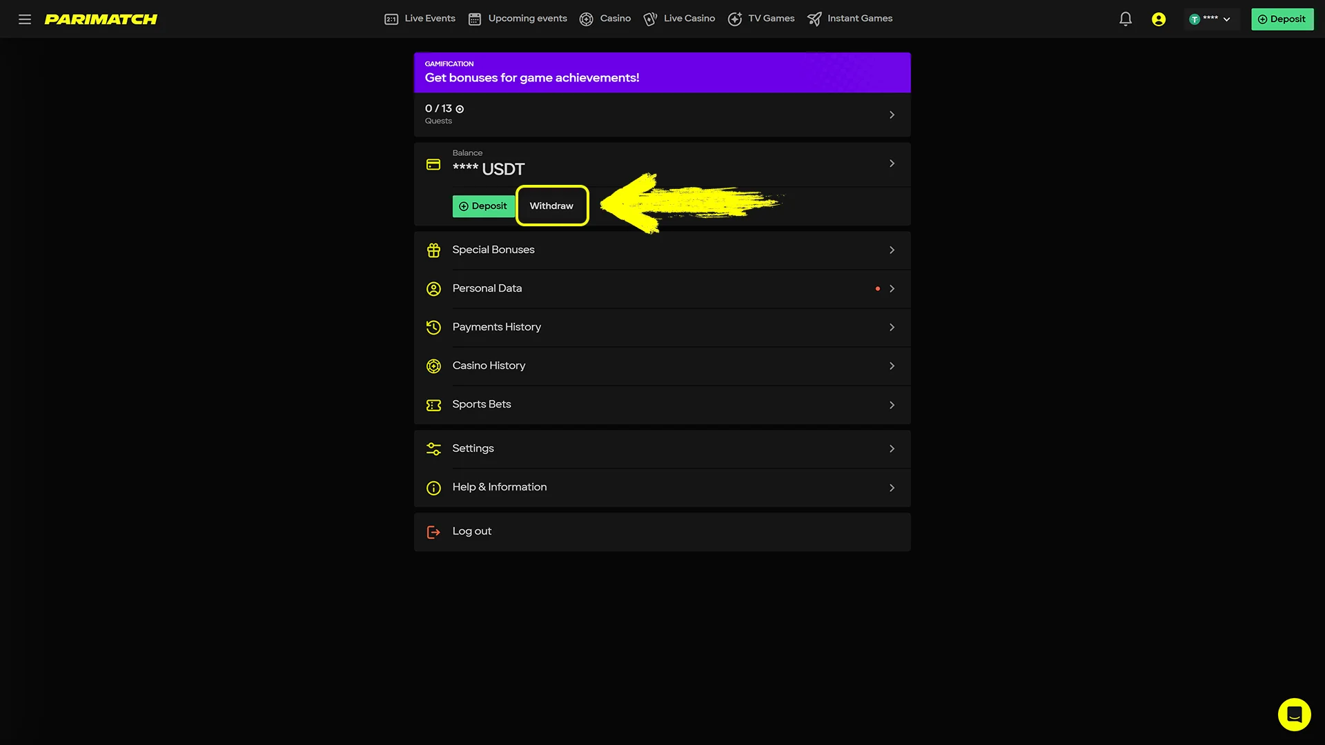 Open the Withdrawal Section to begin cashing out your winnings from Parimatch.