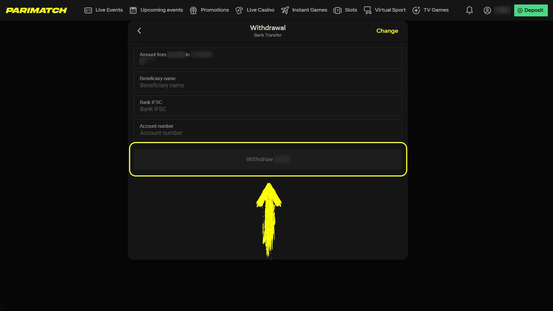 Review and Submit the Request to cash out your winnings from the official Parimatch platform.