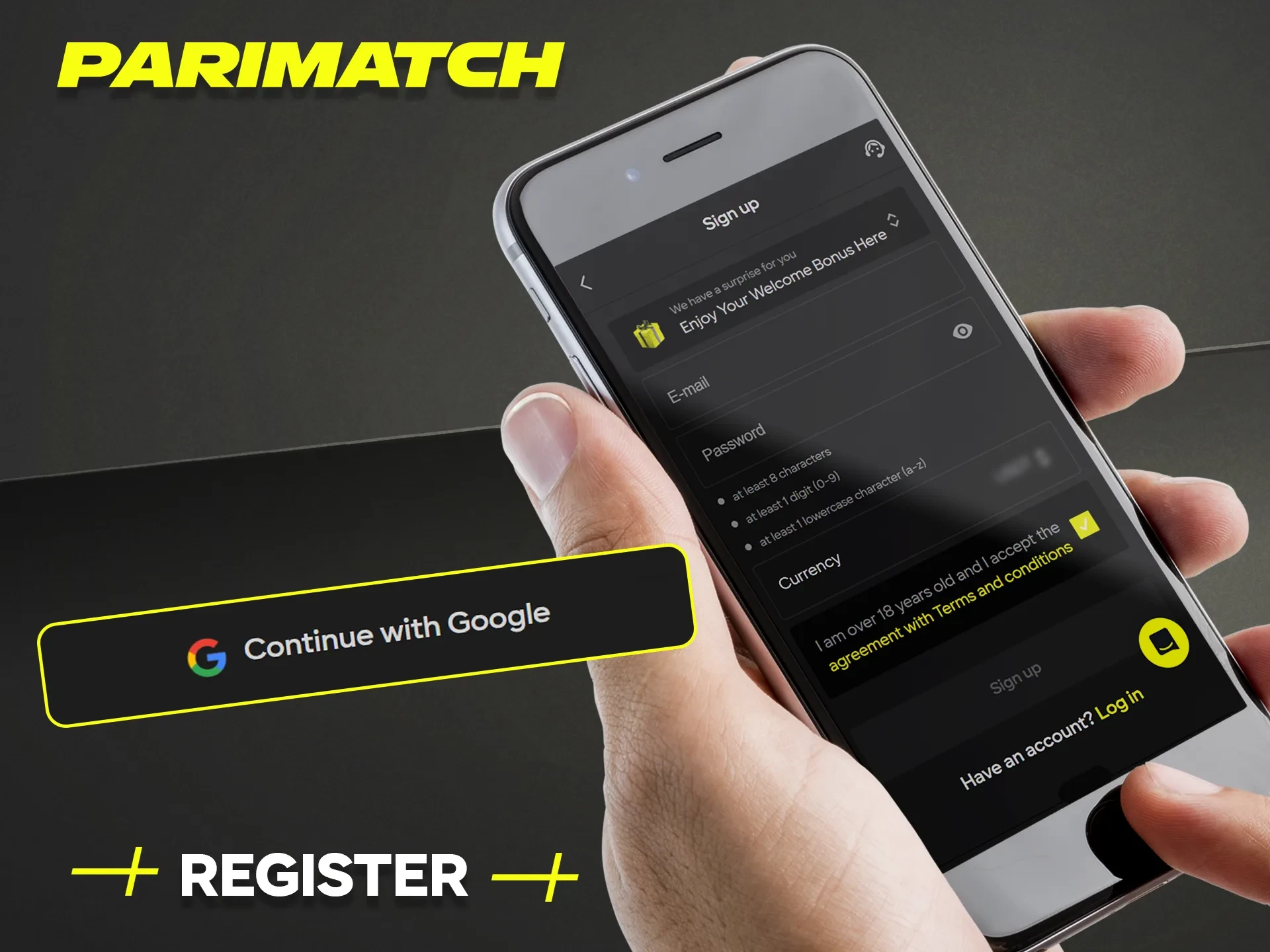 Choose your registration method in the Parimatch India online casino app.