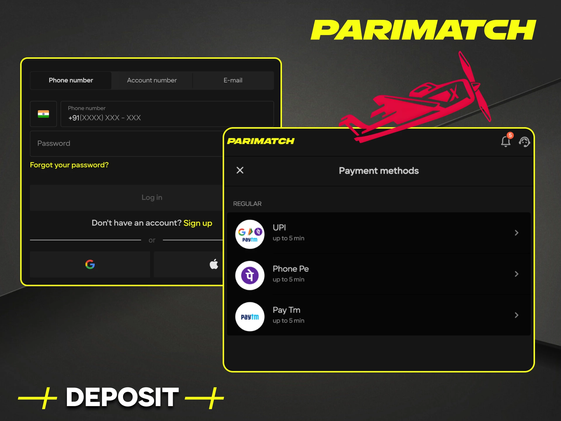 Don't forget to make a deposit before playing Aviator at Parimatch India online casino.