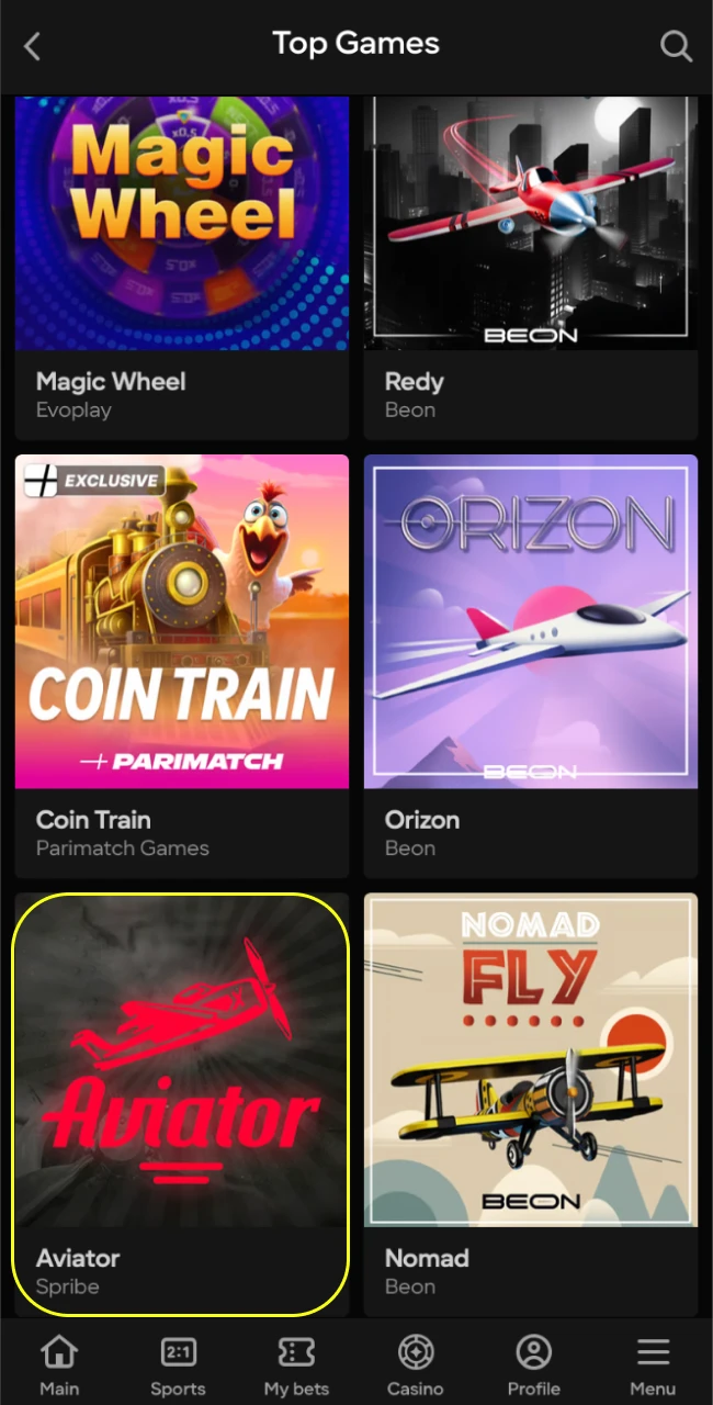 Find the Aviator game in the crash games section of the Parimatch India online casino.