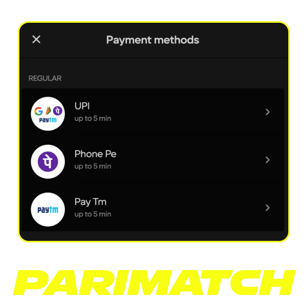 Parimatch India online casino offers players several deposit methods.