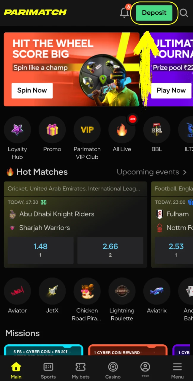 Go to the menu on the Parimatch India online casino website and look for the deposit button.