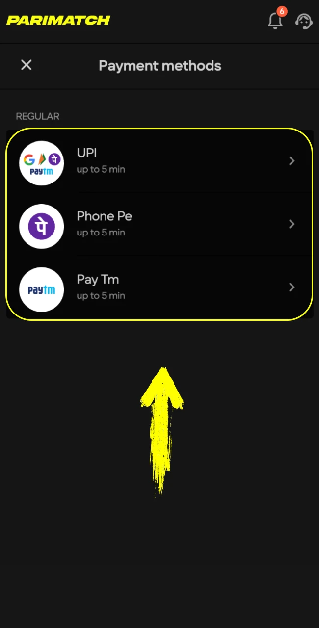 Choose your preferred payment method in the Parimatch India app.