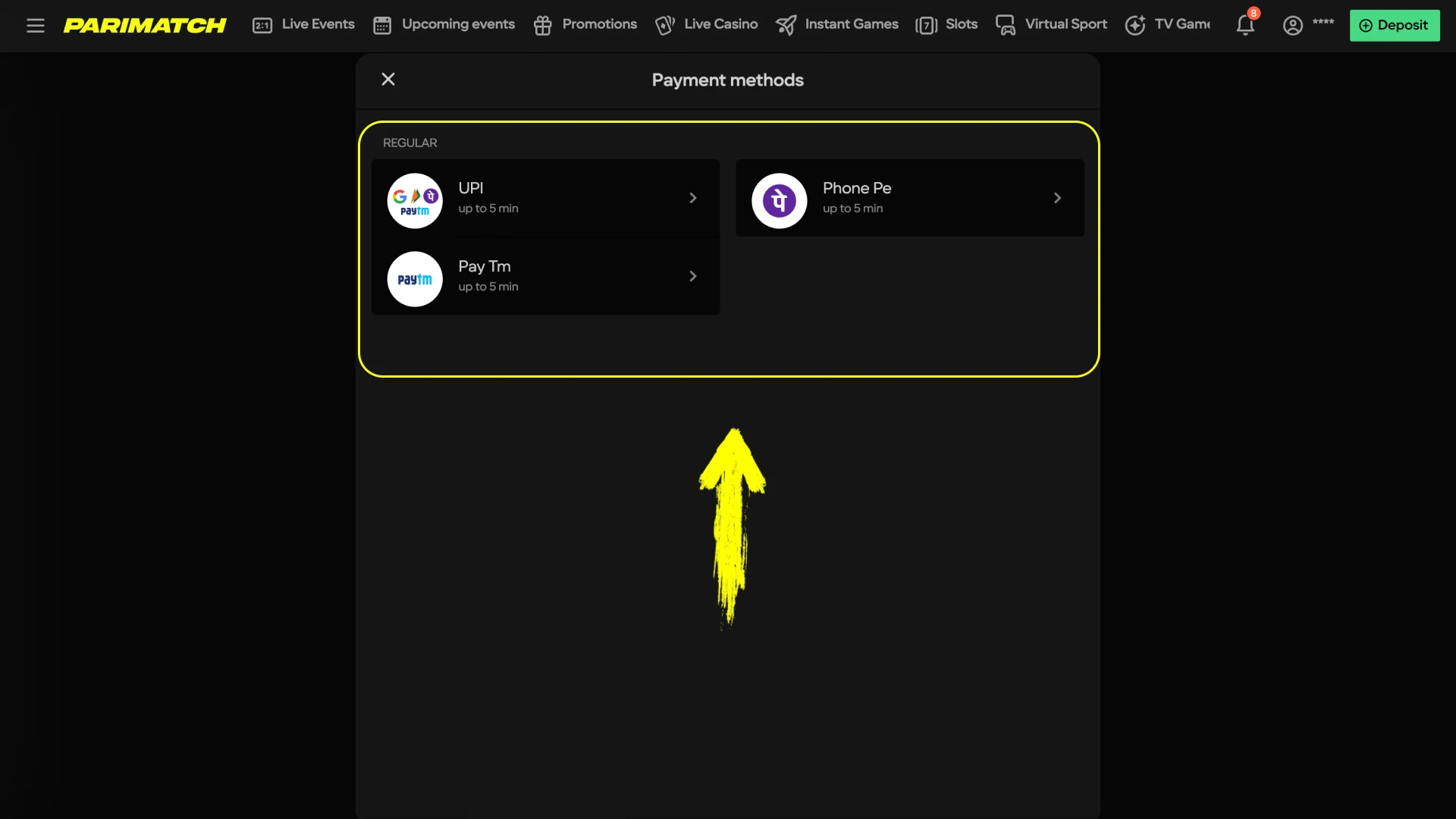 Find out what deposit methods are available to you at Parimatch India online casino.