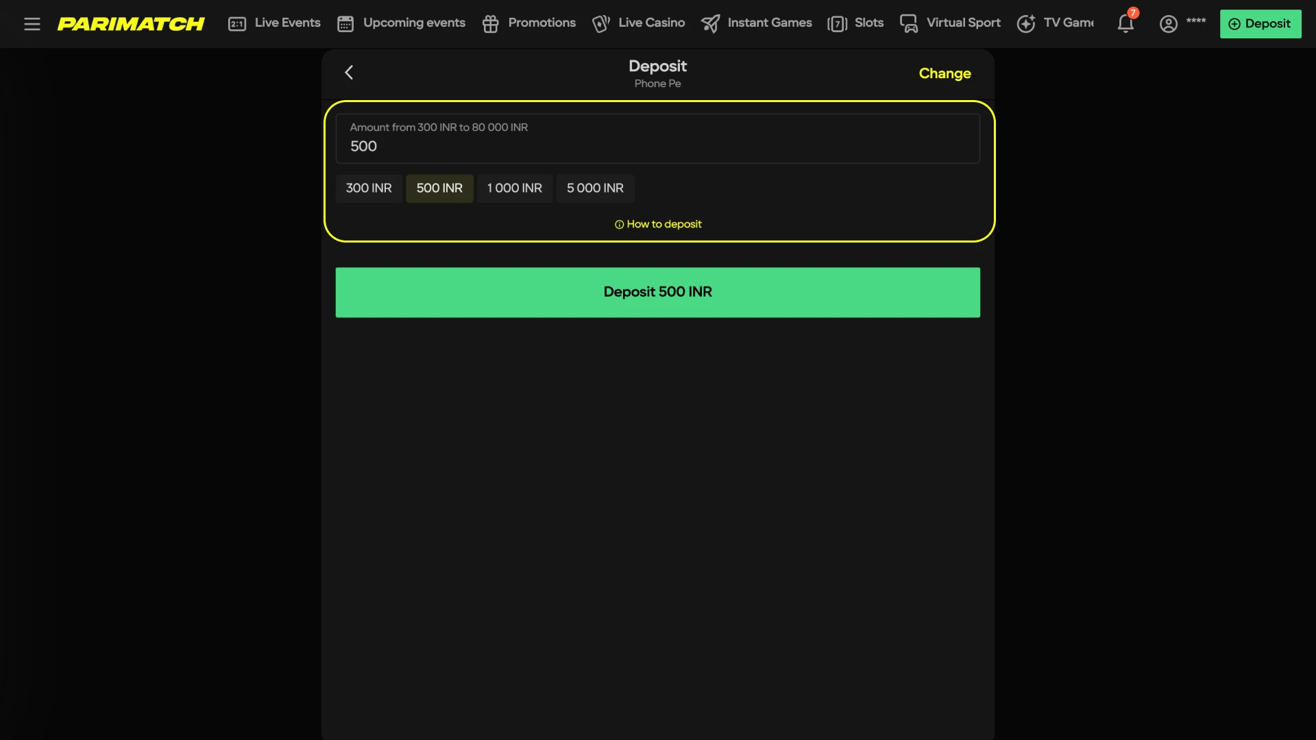 Fill out the form with your details when making a deposit at Parimatch India online casino.