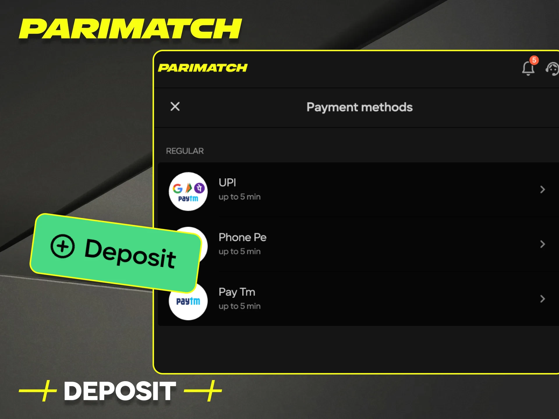 Choose the right deposit method at Parimatch India online casino.