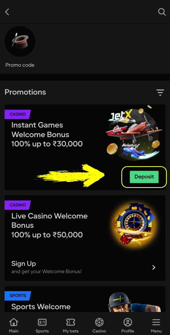 Choose a bonus at Parimatch India online casino.