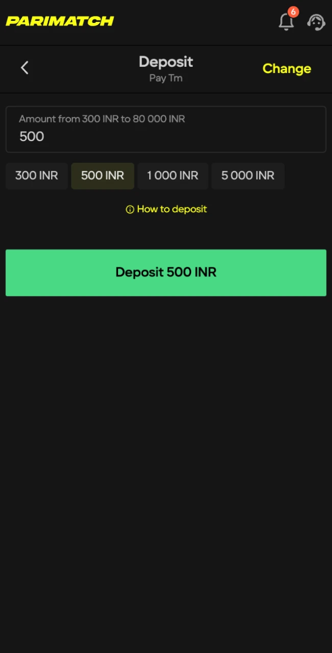 Make a deposit according to the bonus requirements at Parimatch India online casino.