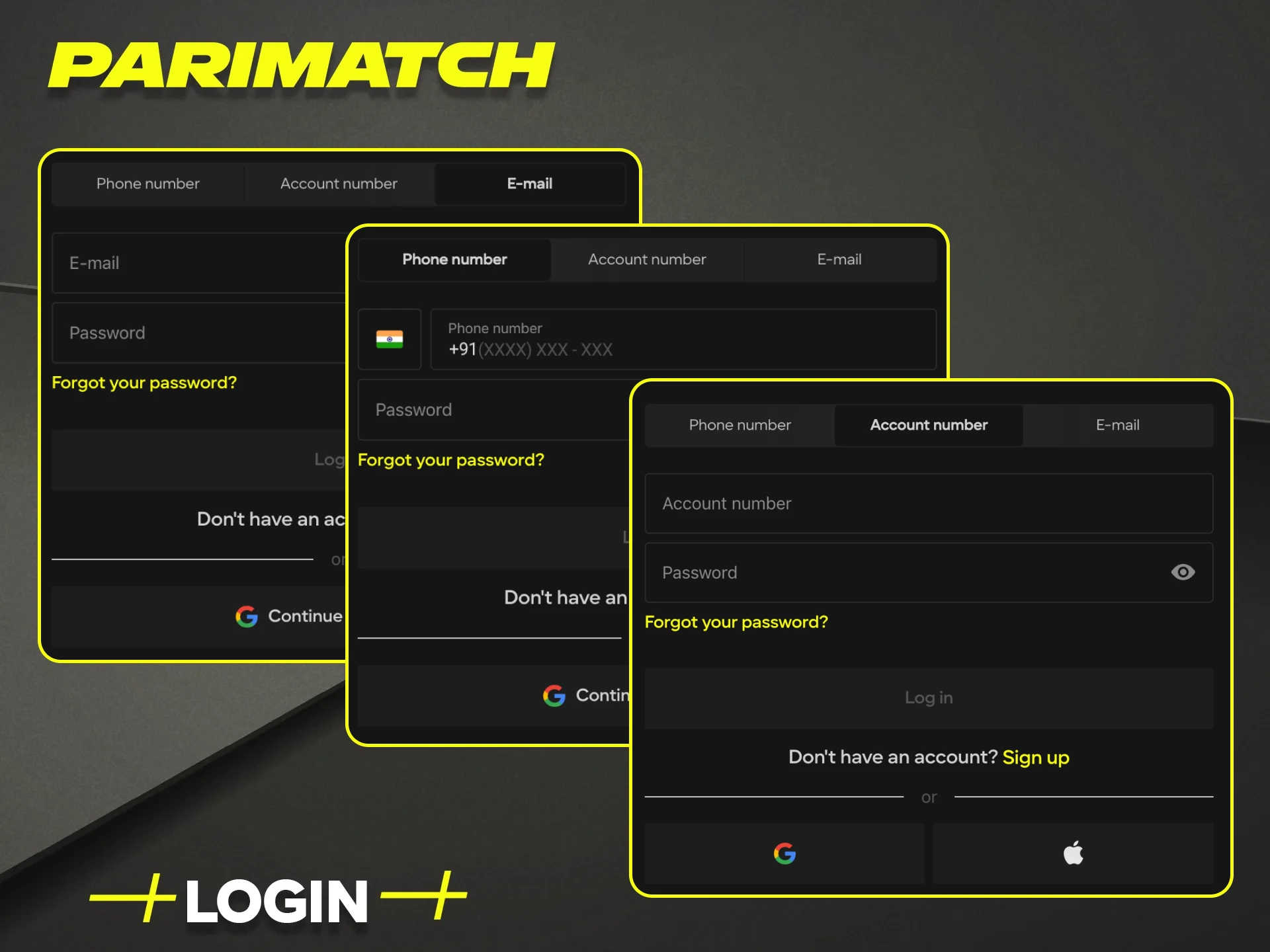 Log in to Parimatch India online casino using any of the available methods.