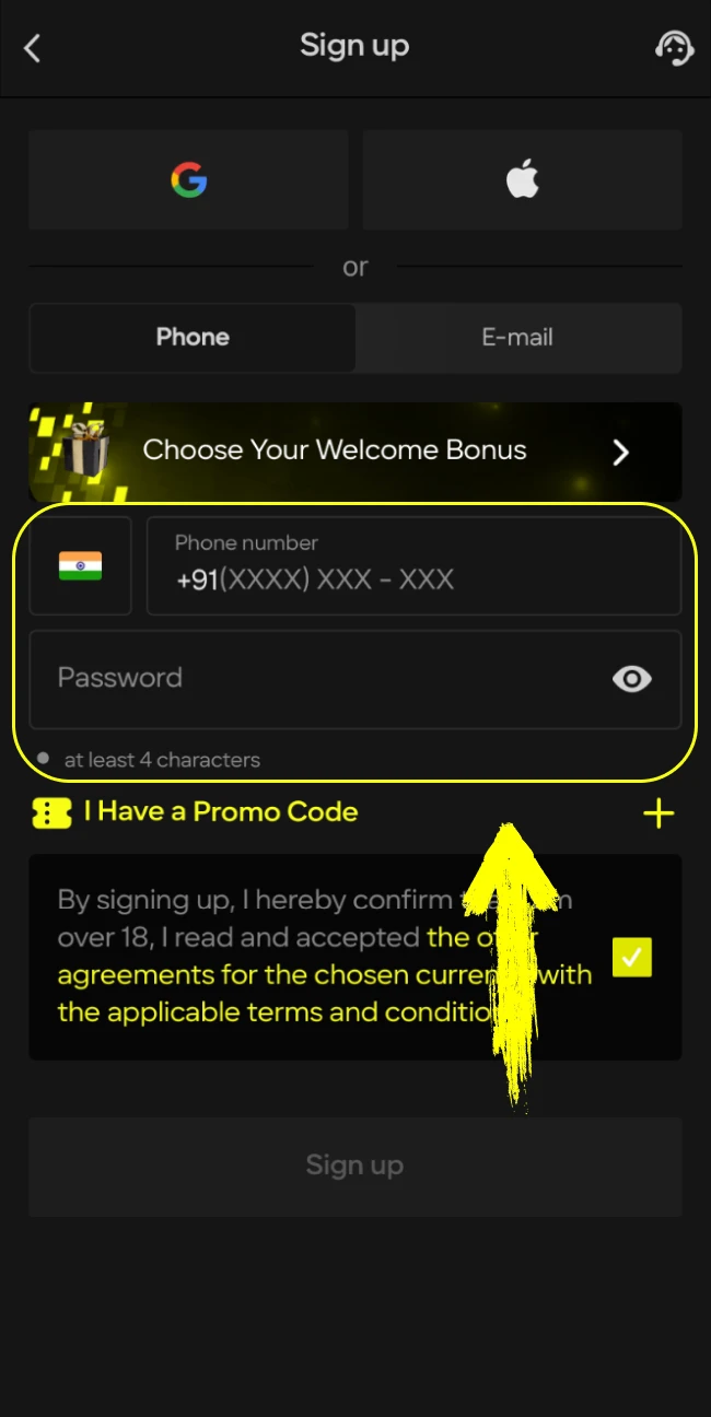 Fill out the form with your details when registering at Parimatch India online casino.