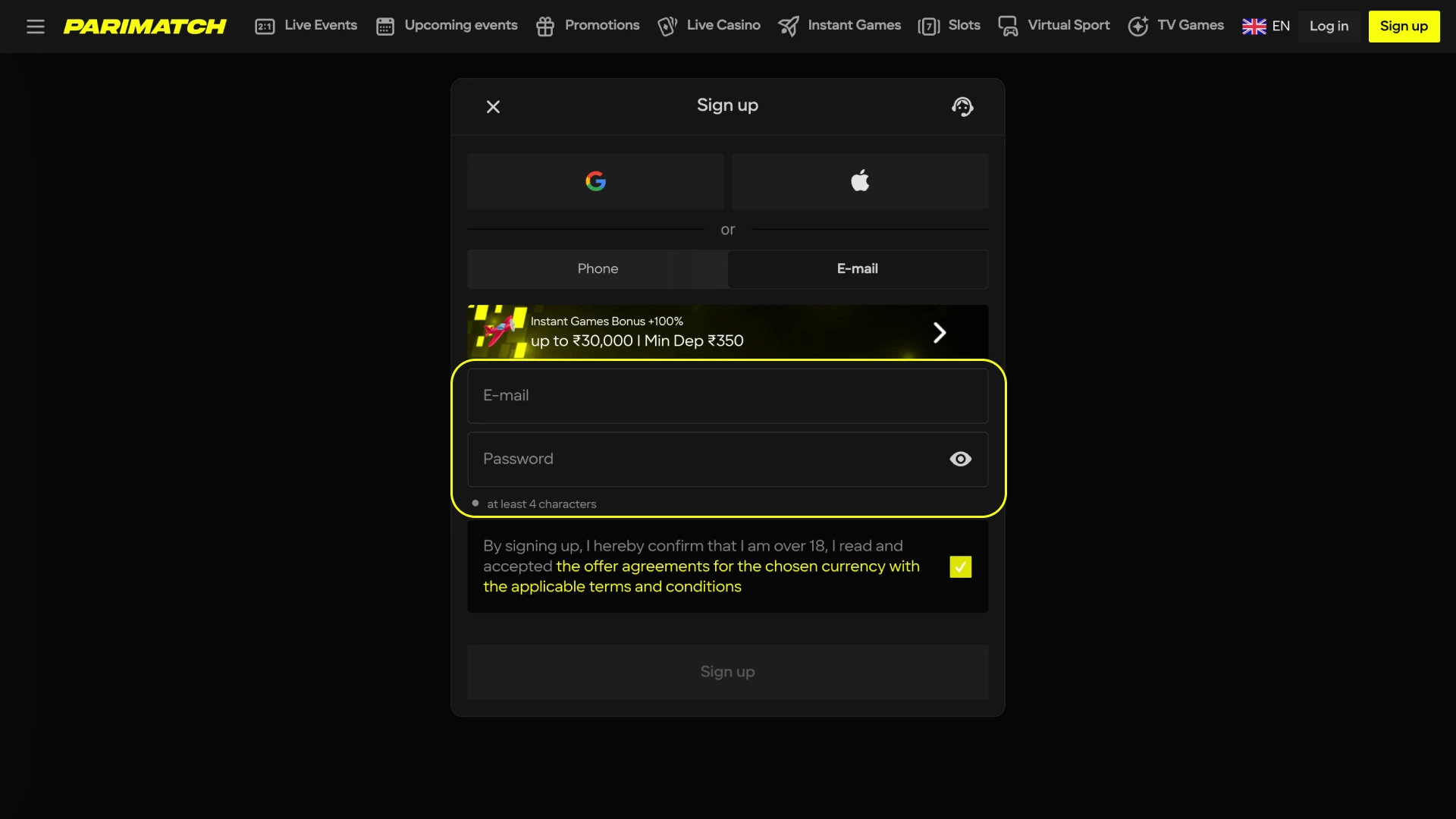 Please provide your name and email address when registering at Parimatch India online casino.