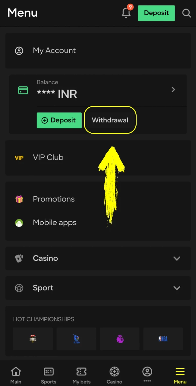 Find the withdrawal section in the Parimatch India app.