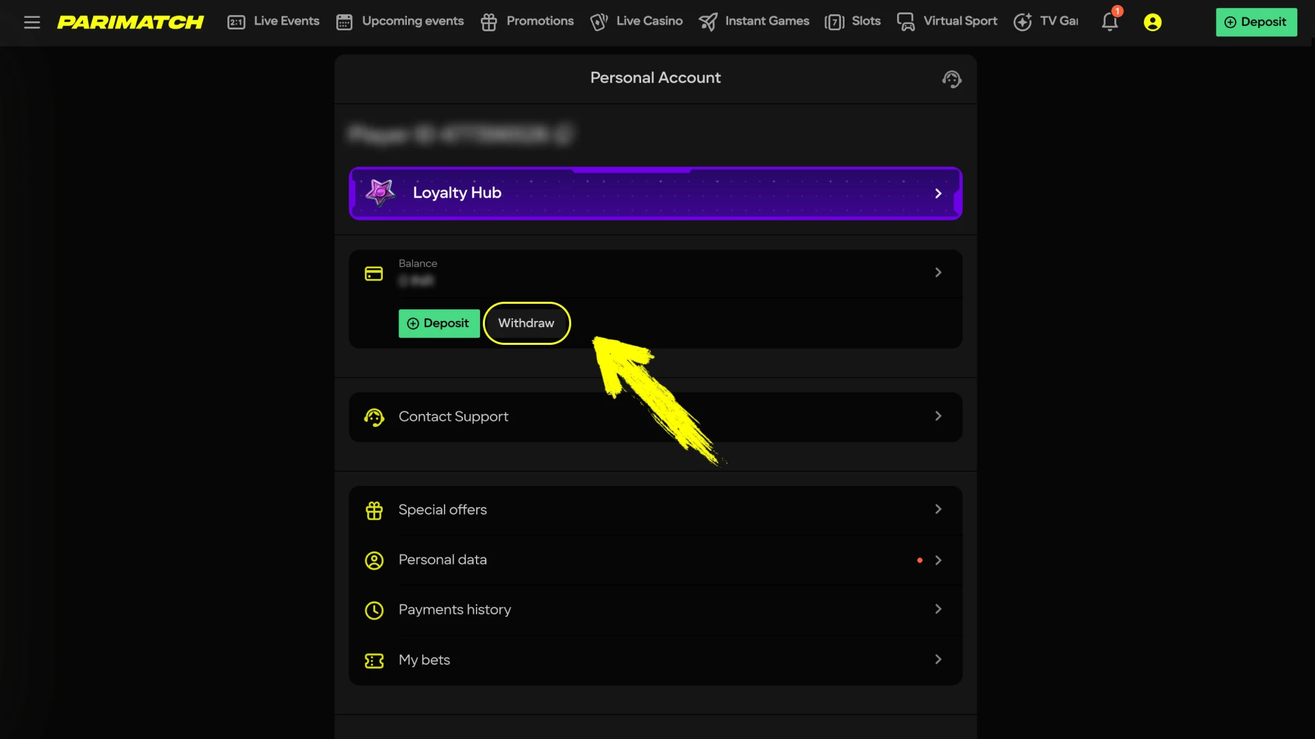 Find the withdrawal section on the Parimatch India website.